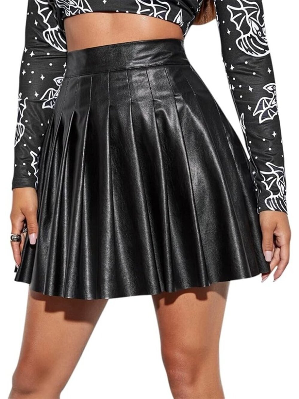 Lucy Paris Faux Black Leather Pleated Skater Mini Skirt Women Size M